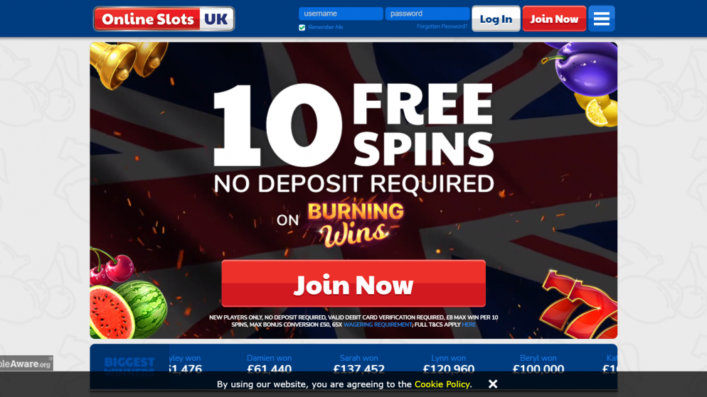 Get 10 burning wins free spins with no deposit at Online Slots UK