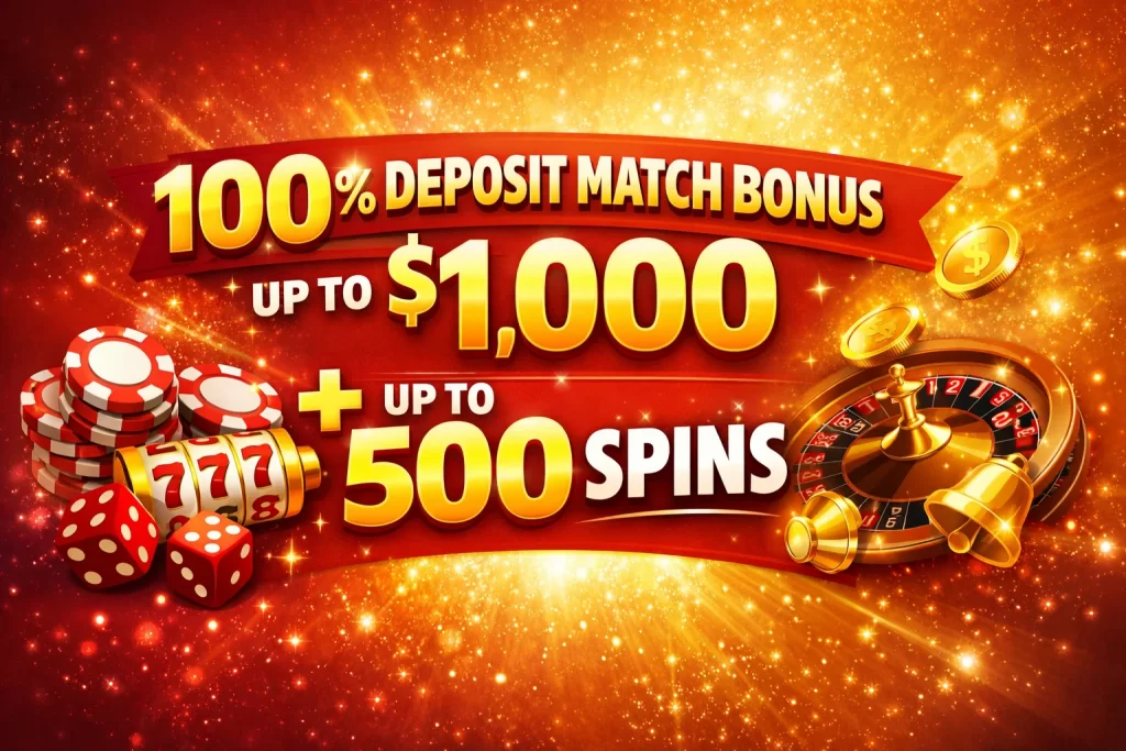 100% Deposit Match Bonus up to $1,000 + up to 500 Spins